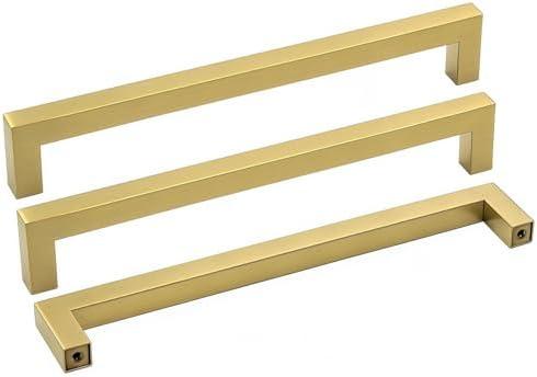 Goldenwarm Gold Cabinet Pulls Brushed Brass Drawer Pulls Gold Kitchen Cabinet Handles Square Bar Pulls Antique Brass Bathroom Cabinet Hardware,7-1/2in 2 Pack