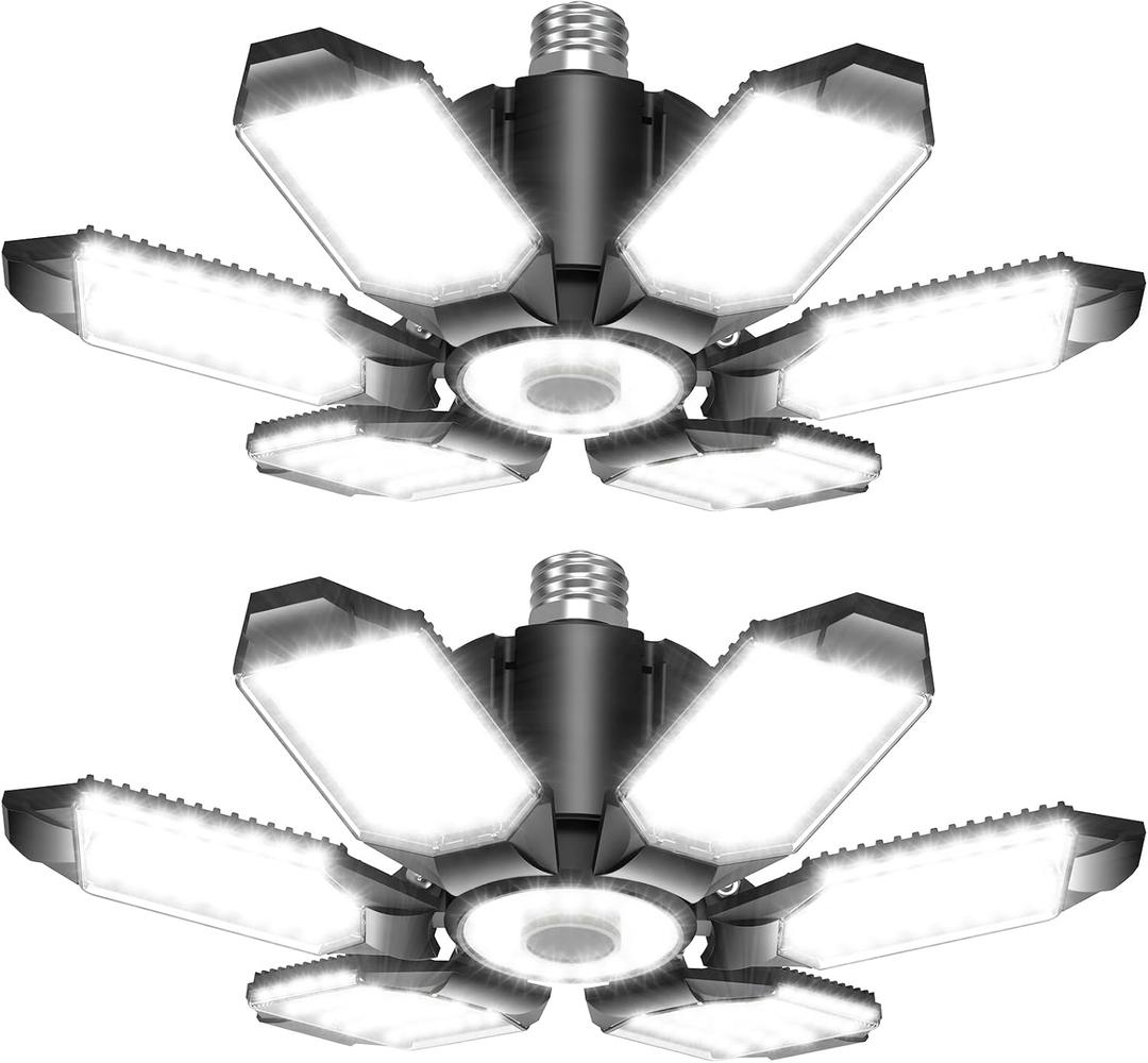BRAINIAC 150W LED Garage Light Bulb with 6 Adjustable Panels, E26/E27 Screw in Shop Light Ceiling Light for Garage Workshop Barn - 2Pack
