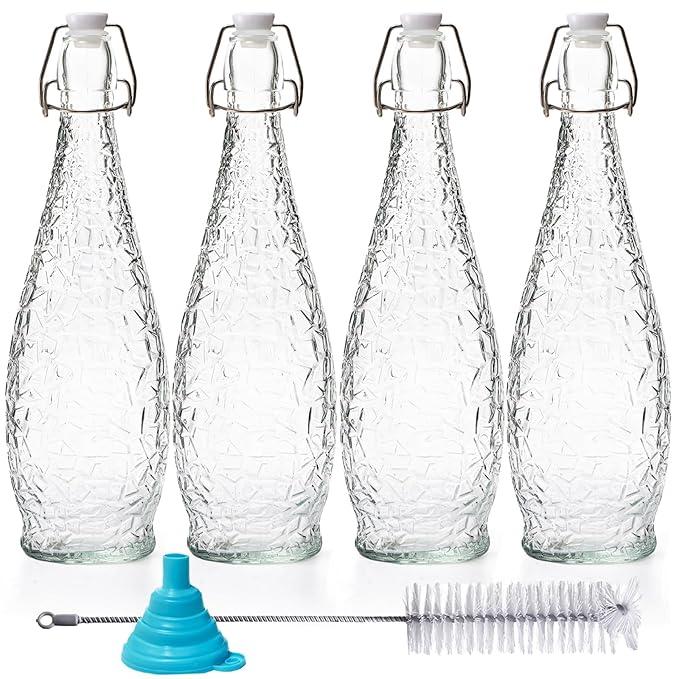 Nicunom 3 Pack 32 oz Swing Top Glass Bottles with Stopper, Airtight Flip Top Glass Bottles for Brewing, Kombucha, Beverages, Beer, Vinegar, Soda, Smoothies, Kefir, Juicing, Includes Brush & Funnel