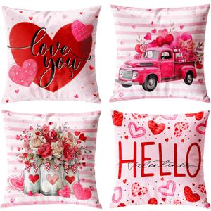 Valentines Day Pillow Covers 18x18 Set of 4 Romantic Throw Pillow Covers Cushion Covers for Sofa Bed Couch Anniversary Wedding Home Decor for Living Room Pink Plaid Love