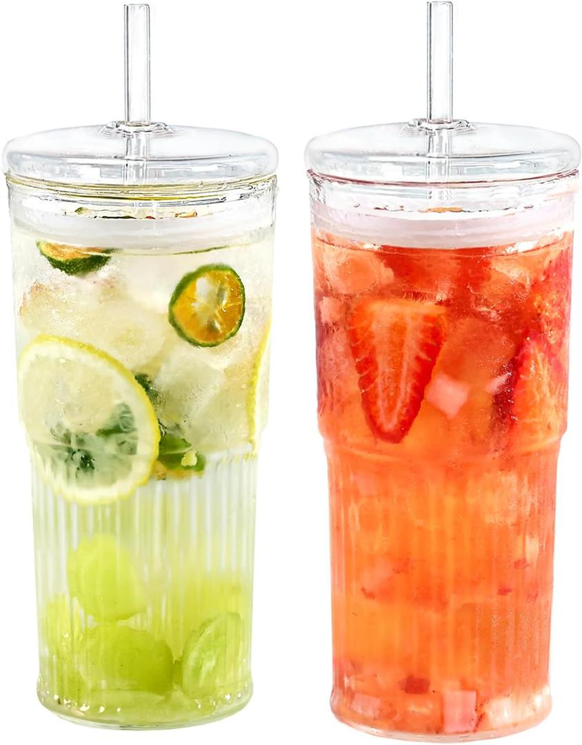 Puraville 20oz Glass Cups with Lids and Straws, 2 Pack High Borosilicate Iced Coffee Cups Drinking Glasses Tumbler for Smoothie, Water, Tea, Juice Drinks, Clear