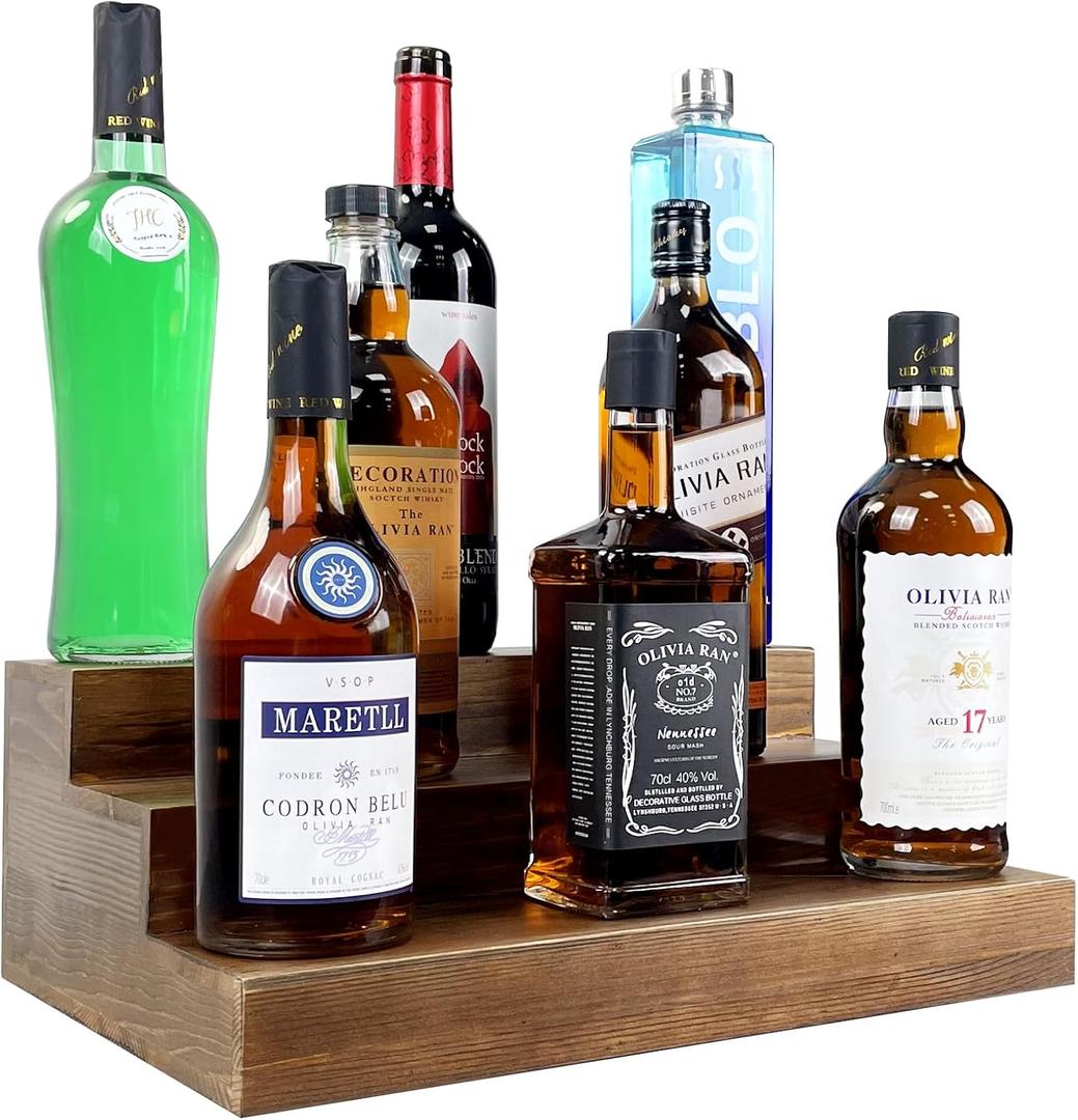 TONGMO Liquor Bottle Stand - 16 Inch 3 Tier Liquor Bar Bottle Display Shelf, Holds 15 Bottles, Solid Wood, No Installation Required (Dark Walnut)