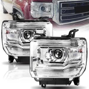 Headlights Assembly W/O LED DRL Compatible with 2014 2015 GMC Sierra 1500 for 2015-2019 Sierra 2500HD 3500HD Base Denali SLE SLT Halogen Head Lamps with Bulbs Chrome Housing Clear Reflector