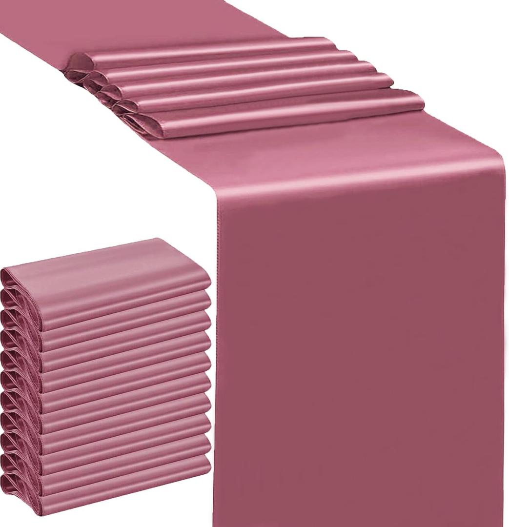 10 Pack Wedding Dusty Rose Table Runners 12 X 108 Inches Satin Mauve Table Runner for Party Birthday Banquet Bridal Shower Conference Dining Room Table Decorations - Dusty Rose/Mauve
