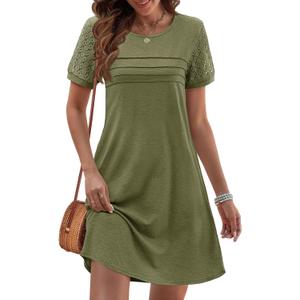 MEROKEETY Women's Summer Short Lace Sleeve T Shirt Dress Casual Crew Neck Pleated Front Shift Dresses (Green, S)