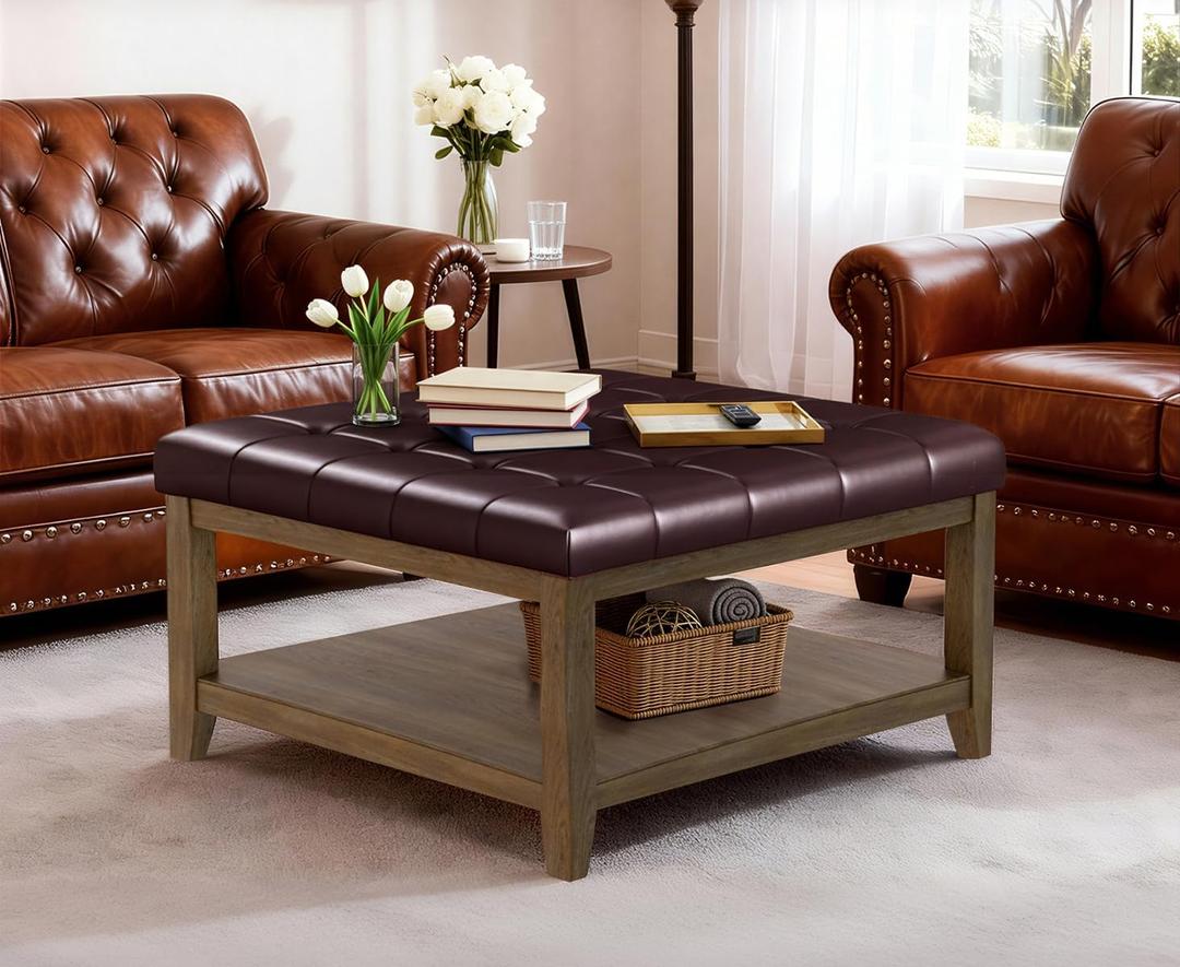 ABHENG 31.5 Large Square Storage Ottoman, Upholstery Solid Rubberwood Coffee Couch Table with Open Shelf, Foot Stool Load up to 330lb, Sythetic Leather Brown UASND67R