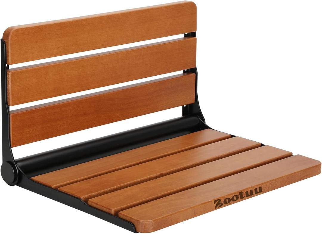 18"" Teak Folding Shower Seat Wall Mounted,Fold Down Shower Bench for Small Shower Space, Home Care Teak Wood Stool for Inside Shower, Black & Yellow