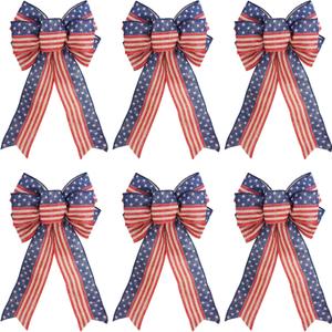 6 pcs Patriotic Bow for Wreath, Bow 4th July Decorations, Memorial Day Red Beige and Blue Star Bow (8x12.5 inches)
