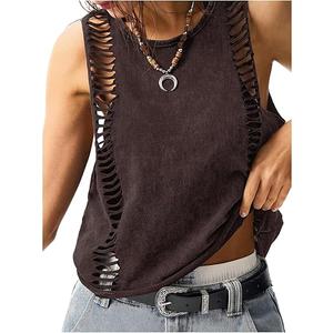 Women's Hollow Out Summer Sleeveless Tank Tops Washed Retro Rock Concert Outfits Tops Streetwear
