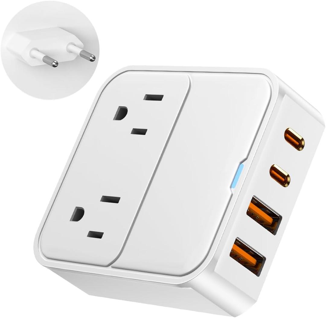 European Travel Plug Adapter, 2500W AC Outlet Extender with 20W Type C Charger,Power Adapter for Italy Spain France Germany(20WPD)