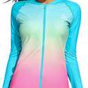 ATTRACO Rash Guard Women Long Sleeve Swim Top UV Sun Protection Swim Shirts (S, Blue, Pink)