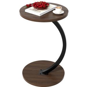 Round Side Table, C Shaped End Table for Couch, Sofa and Bed, Mid Century Modern Small Bedside Table Nightstand for Living Room, Bedroom, Corners and Office(Walnut)