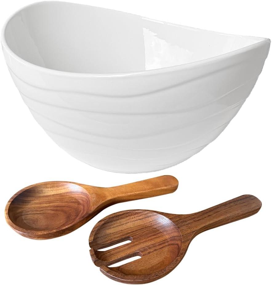 Qlans Ceramic Oval Salad Bowl Set, Comes with Wooden Salad Utensils - Large Mixing Deep Bowl, Large Capacity 116OZ