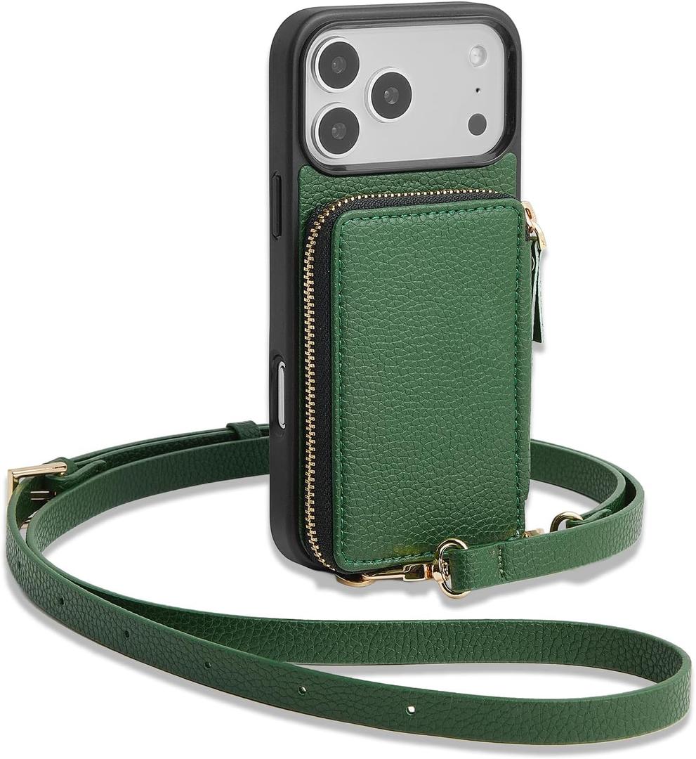 ZVE for iPhone 17 Pro Wallet Case with Card Holder, Crossbody Zipper Leather Phone Cover for Women 6.3" Dark Green