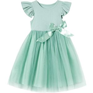 Toddler Girls Ruffle Sleeve Tulle Dress Elastic Waist Bow Kid Casual Sundress,Size 130