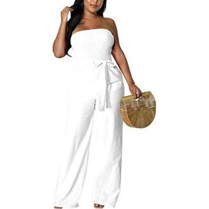 FairyLove Women's Strapless Tube Top Rompers Casual Off Shoulder Printed Sleeveless Belted Wide Leg Jumpsuit with Pockets, XXL