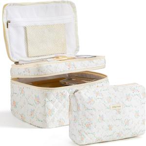 HBselect 2Pcs Travel Makeup Bag, Large Cotton Quilted Makeup Bag Cosmetic Bag Cute Make up Bag Toiletry Bags for Women Girls