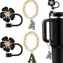 Straw Covers for Stanley Cup Accessories: Black Decorations for Stanley 30 oz & 40 oz Tumbler with Handle, Bling Letter Charms and Flower Silicone Straw Cap Topper, Trendy Stuff for Teen Girls & Women