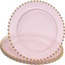 PLASTICPRO Translucent Pink with Gold Rim Plastic Charger Plates with Beaded Edge Pack of 4 13" Elegant Round Disposable Chargers for Weddings, Events, Parties, and Dinners