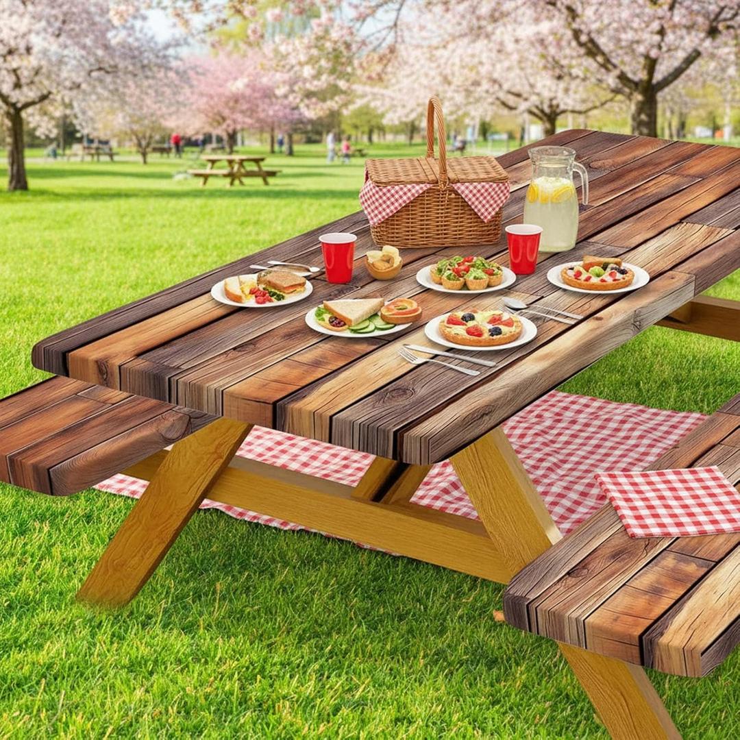 Rustic Wood Picnic Table Cover with Bench Covers Waterproof Windproof Elastic Fitted Outdoor Camping RV Tablecloths with Drawstring Bag Reusable Rectangle Rectangle Tables and Seats Cover 30X72IN