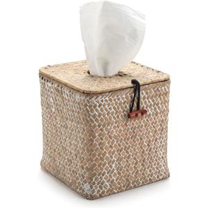 Seagrass Square Tissue Box Cover Woven Napkin Holder Decorative for Bathroom Farmhouse (Whitewash, 5.5 x 5.5 x 5.5 Inch)
