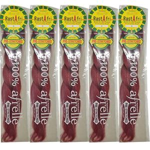 RastAfri Pre-Stretched Silky Braiding Hair (5 Single Packs, Burgundy)