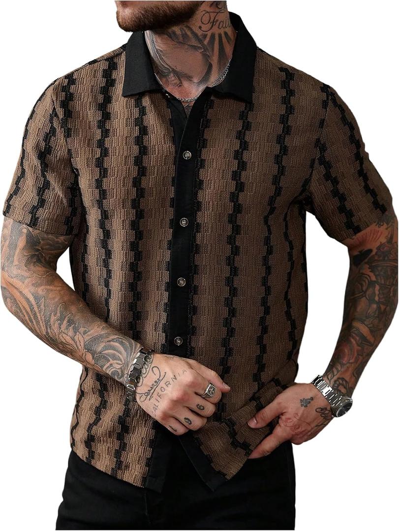 SOLY HUX Men's Summer Striped Shirts Casual Button Down Textured Short Sleeve Collared Vintage Beach Shirts (XL)
