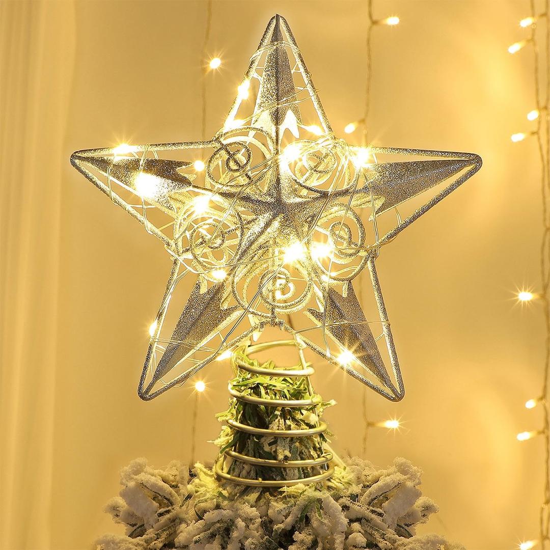 Juegoal Star Tree Topper with 20 LED Lights, Metal Silver Lighted Treetop Ornaments, Battery Powered Light Up Christmas Tree Decorations, 6.5 x 6.5 Inches