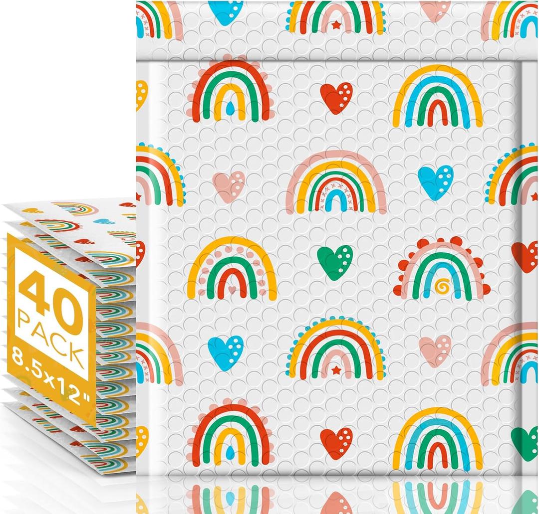 Metronic Bubble Mailers 8.5x12" 40pc Usable Size 8.5x11, Waterproof Mailing Padded Envelopes for Small Business, Cushioning Bubble Wrap Mailer Bags, Shipping Envelopes for Gift, Small Items Rainbow