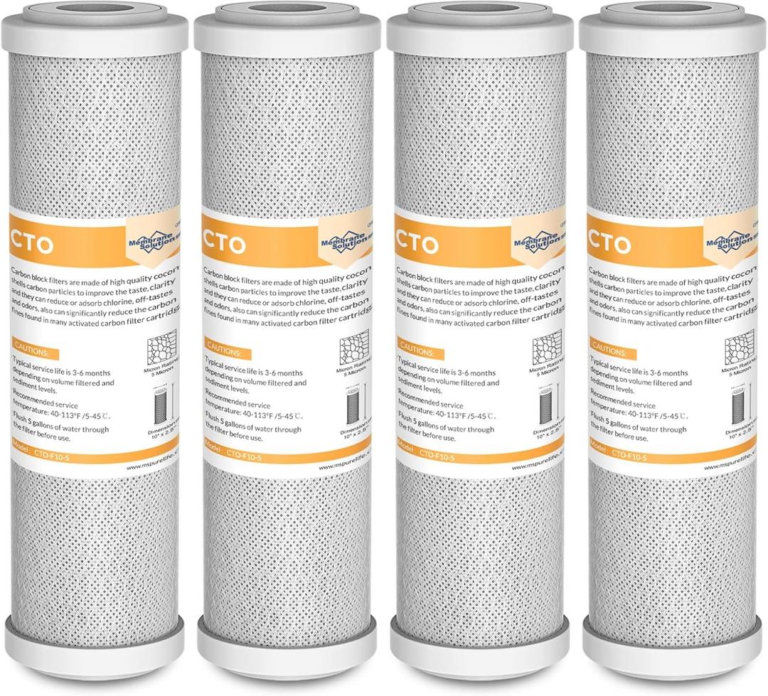 Membrane Solutions 5 Micron 2.5" x 10" CTO Carbon Block Water Filter Cartridge Replacement for Whole House Filtration Systems, Compatible with WFPFC8002, WFPFC9001, FXWTC, WHKF-WHWC, 4-Pack