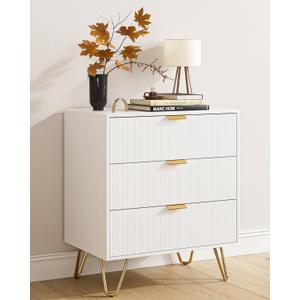 White Dresser for Bedroom, Modern Fluted 3 Drawer Dresser with Storage, Dresser Chest of Drawers with Gold Handles for Bedroom, Living Room, Closet, Hallway, 15.8" D x 23.6" W x 27.6" H