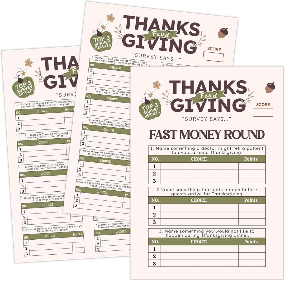 Thanksgiving Party Games, Family Feud Game, Thanksgiving Friendly Feud, Family Reunion Games and Activities for Festival, Party Supplies for Adults, 30 Game Cards, 3 Fast Money Round Cards, SX02