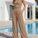 BTFBM Womens 2 Piece Outfits Spring 2026 V Neck Cap Sleeve Ruched Top Wide Leg Pants Sets Rib Knit Lounge Matching Set(Khaki, XX-Large) (Brown, XXL)