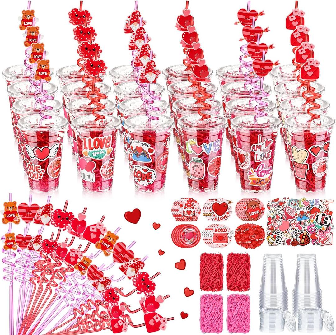 Yungyan 150 Pcs Valentine's Day Plastic Cups Bulk Valentine Plastic Cups with Lid Silly Straw Raffia Stickers for Classroom Prize School Exchange Goodie Bag for Kids Students, 24 Sets(Love)