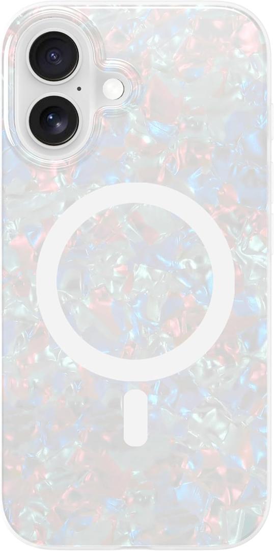 LONLI Hue - Magnetic Case for iPhone 16 - [Compatible with Magsafe] - [360 Shock-Absorbent Bumper] - [Cute and Unique Phone Cover for Girls and Women] - White Pearl Tort