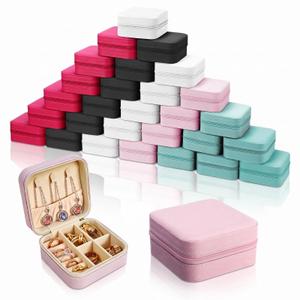 BHUWRY 30 PCS Travel Jewelry Case Bulk for Women, Mini PU Leather Jewelry Organizer Box for Rings, Earrings, Necklaces and Bracelets (Pink)