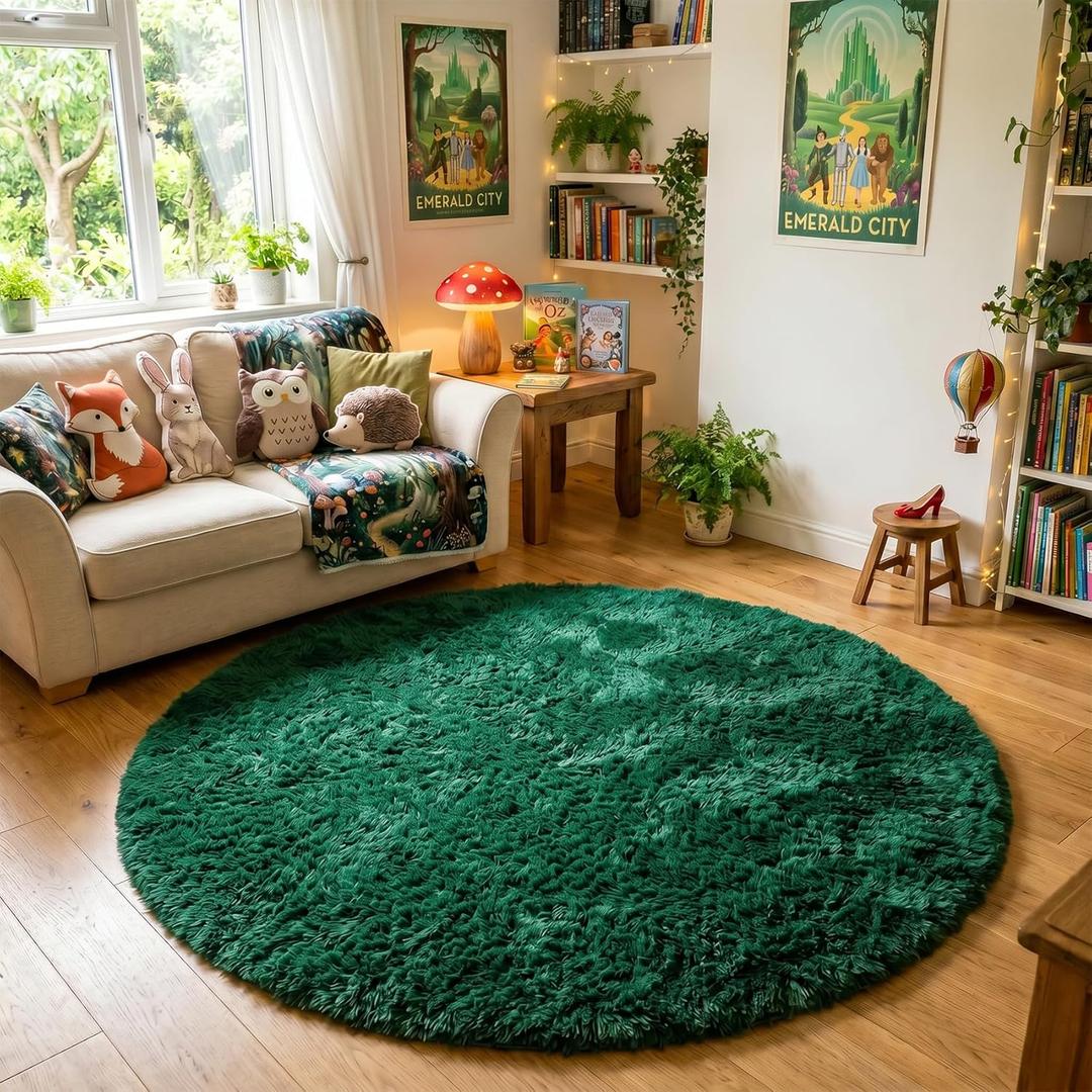 Amdrebio Dark Green Fluffy Round Rugs 5Ft for Bedroom, Thick Floor Circle Rug for Kids, Teens Room Decor, Furry Shag Area Rug for Living Room, Baby Nursery, Dorm, Fuzzy Plush Fur Emerald Green Carpet