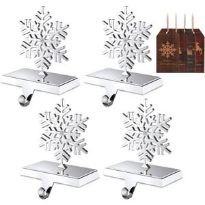 Jetika Christmas Stocking Holders for Mantle Set of 4, Snowflake with Diamond Stocking Hanger for Mantel Weighted Heavy Metal Stocking Hook Stand for Fireplace Counter Window Decoration, 4-Pack