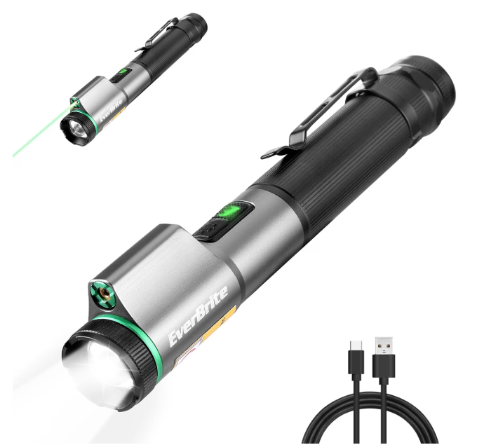 EverBrite Rechargeable EDC Flashlight with 500LM White Light and Green Beam
Zoomable LED Flash Light, Magnetic Work Light with Pocket Clip and USB-C Cable, for Repair Working Camping Emergency