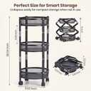 3 Tier Rolling Utility Cart with Wheels, Foldable Storage Cart Organizer, Collapsible Metal Rolling Trolley, Space Saving Kitchen Cart, Bathroom Organizer, Laundry Cart, Office Storage, Black