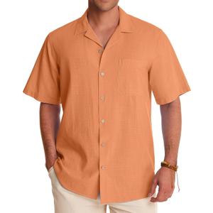 Alimens & Gentle Mens Linen Shirts Cotton Hawaiian Shirts Short Sleeve Button Down Shirts Casual Summer Beach Tops (Medium, Persimmon Orange)