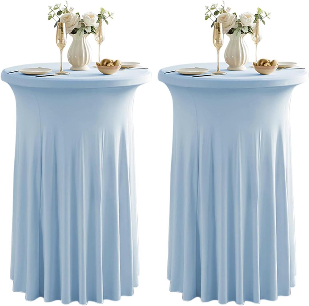 Qubjus 2 Pack Round Cocktail Tablecloths Stretch Table Skirt - 32x43 inch Bar High Top Stylish and Elegant Cocktail Table Covers for Parties, Weddings, Holidays - Light Blue