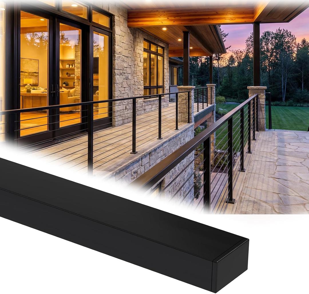 Zylorix 1Pack 10FT Stainless Steel T304 Black Handrail, 2" W x 1" H Rectangular Cuttable Handrail with End Cap Screw, Flat Top Rail for Indoor Outdoor Deck Stair Cable Railing System Post Kit