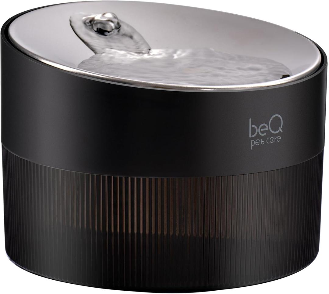beQ Cat Water Fountain, 84oz/2.5L Stainless Steel Automatic Pet Fountain Dog Water Dispenser with Replacement Filters for Cats, Dogs, Multiple Pets Drinking Bowl, Indoor Ultra-Quiet Smart Pump, Black