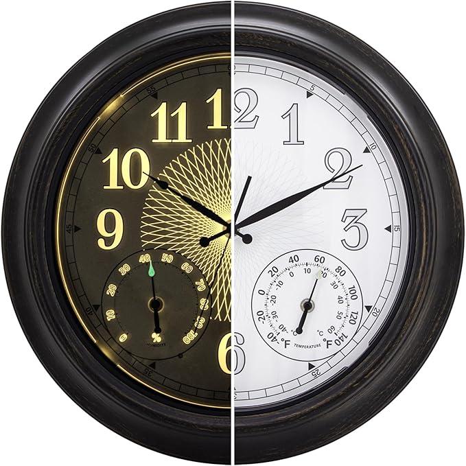 18 Inch Illuminated Indoor Outdoor Clock Waterproof with Thermometer Hygrometer Smart Sensor Large Black Metal Wall Clocks Battery Operated for Patio, Garden, Living Room, Bedroom, Pool, Porch
