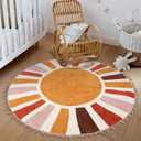 LIVEBOX Boho Nursery Rug Round 4ft Sun Rainbow Rugs for Girls Bedroom, Colorful Soft Circular Rug for Kids Room, Non-Slip Circle Cute Washable for Living Room Classroom Play Room