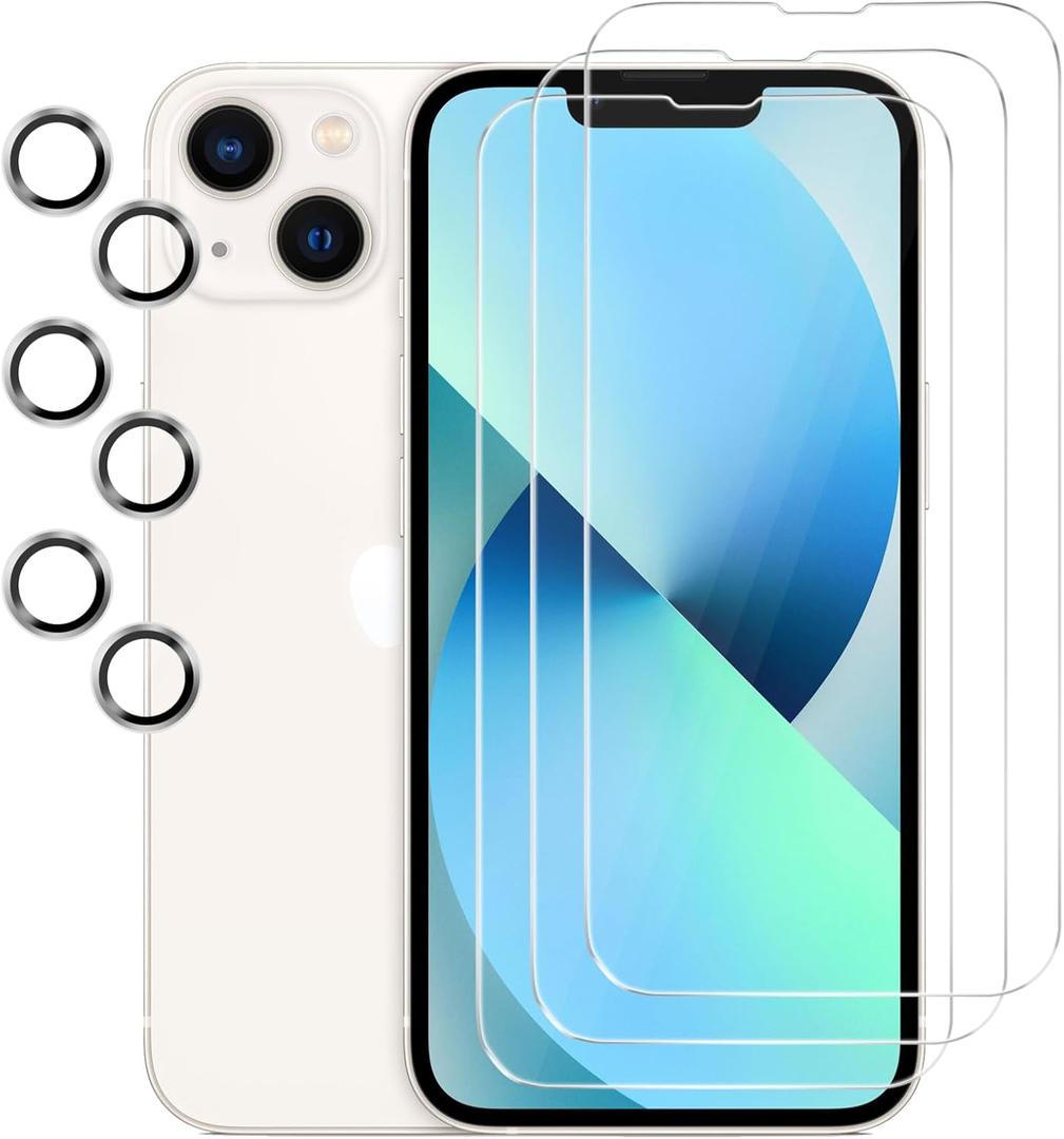 3 Pack Screen Protector for iPhone 13 with 3 Pack Camera Lens Protector, HD Tempered Glass, 9H Hardness, Full Coverage, Scratch-Resistant, Waterproof, Bubble-Free