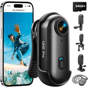 4K Thumb Action Camera with Memory Card Mini Body Camera WiFi Magnetic Clip Wearable Hands-Free Recording POV Camera Waterproof case Mount Anywhere for Sports Vlogging Cycling (Black, 64, GB)
