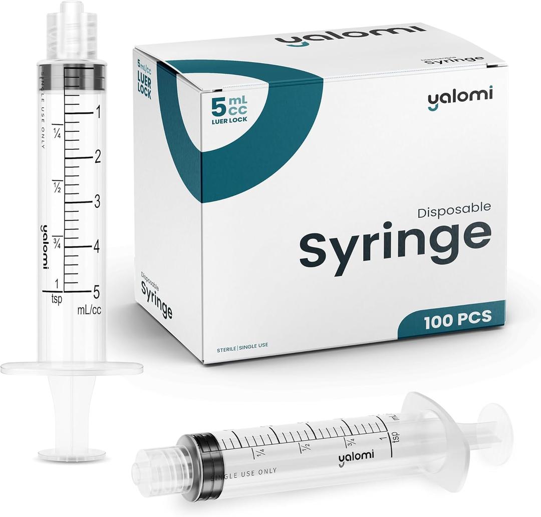 5mL Luer Lock Syringe (No Needle) | Sterile & Individually Wrapped | Professional, Industrial & Personal Use | 100 Pack | Yalomi