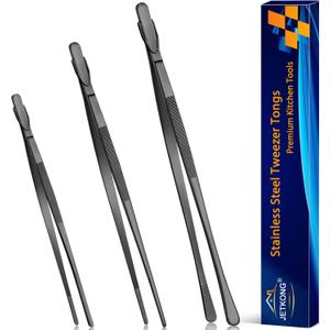 JETKONG 3 Pcs Kitchen Tweezers Tongs, Stainless Steel Cooking Tweezers, 8+10+12 Inch Ideal for meat, pasta, plating and pinching delicate small pieces of food (Black)